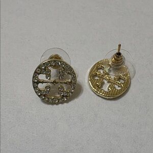 Gold Crystal Round Logo Stud Earrings
